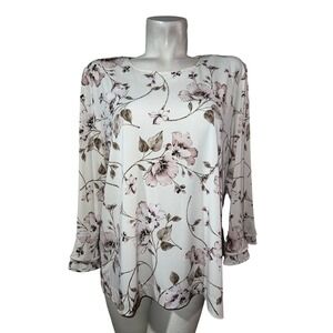 KARL LAGERFELD Top Floral Print Bell 3/4 Sleeve Blouse Women XL Cream Pink Brown